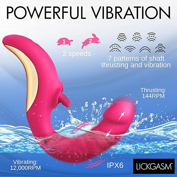 LICKGASM Tease & Please Thrusting & Licking Vibrator for Women, & Couples. Flexible, Dual Stimulating Shaft. Thrusting and Vibration, Premium Silicone. Waterproof & Rechargeable. 2 Pieces, Pink.