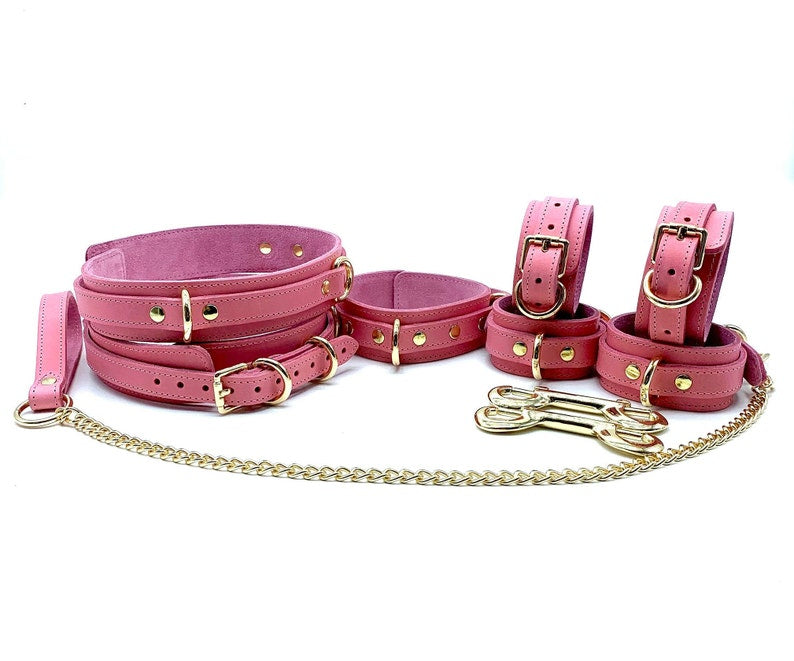 7 Piece Bondage Set "Tango" in Pink Leather, Bondage Kit